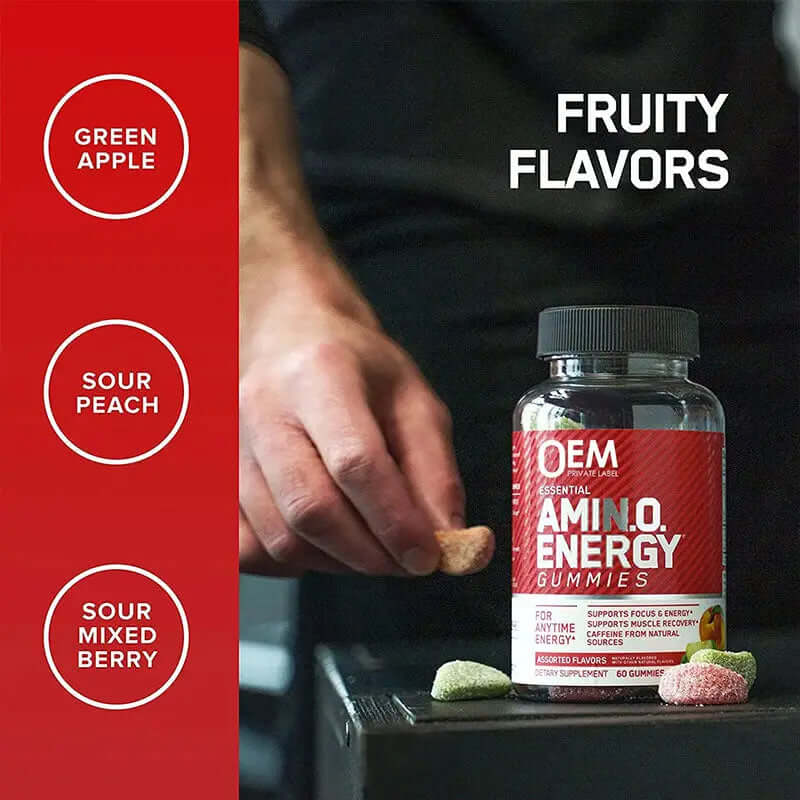 Fruity flavored Amino Acid Energy Gummies in a bottle, featuring green apple, sour peach, and sour mixed berry varieties.