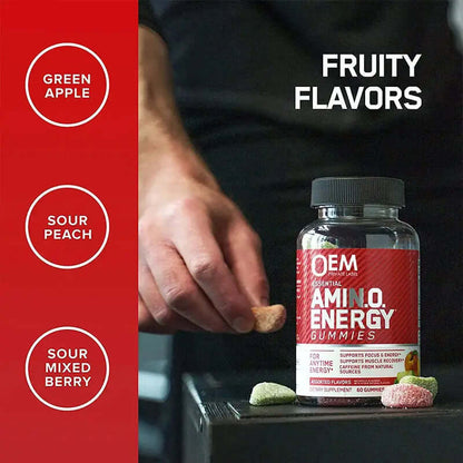 Fruity flavored Amino Acid Energy Gummies in a bottle, featuring green apple, sour peach, and sour mixed berry varieties.