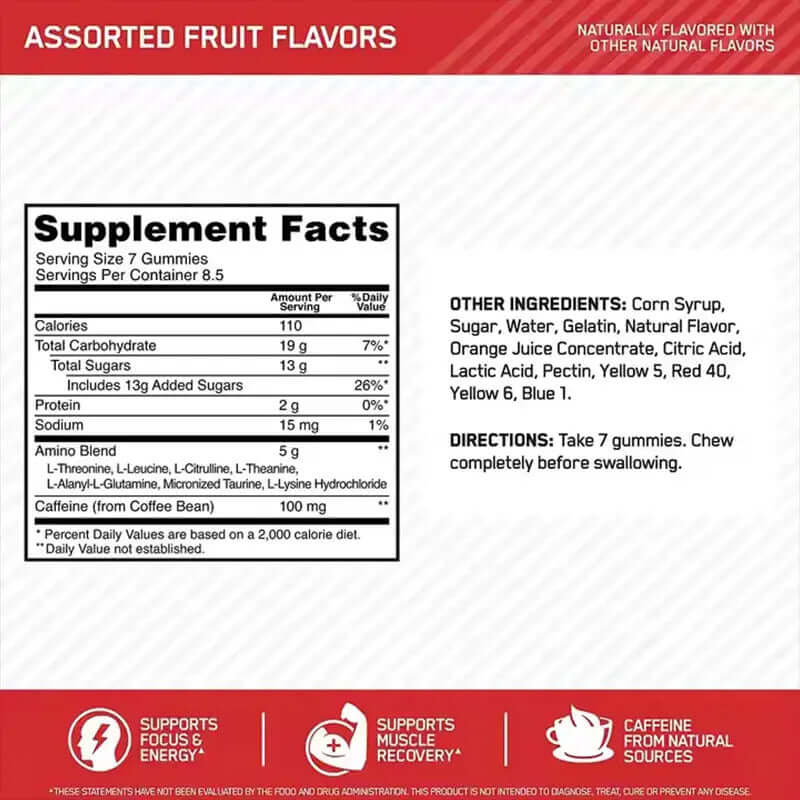 Supplement facts for assorted fruit flavor amino acid gummies, including nutritional info and directions for use.