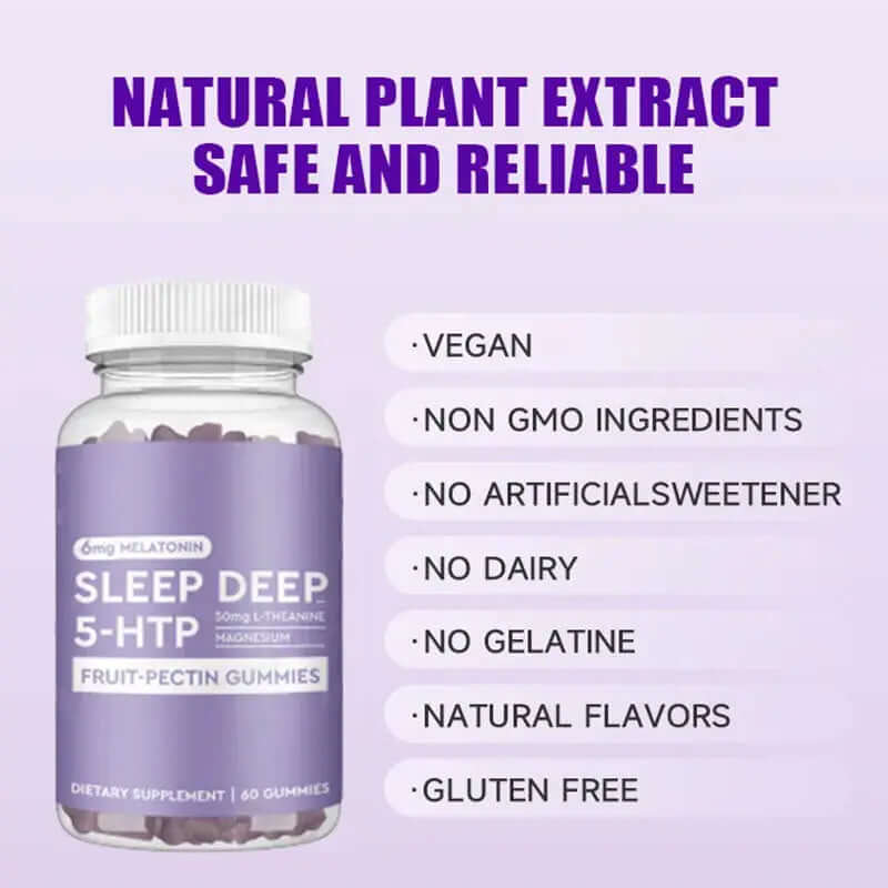 Sleep Deep 5-HTP gummies with melatonin, vegan, non-GMO, gluten-free, natural flavors, 60 gummies per bottle.