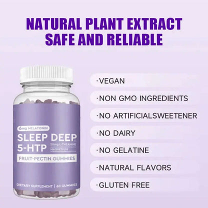 Sleep Deep 5-HTP gummies with melatonin, vegan, non-GMO, gluten-free, natural flavors, 60 gummies per bottle.