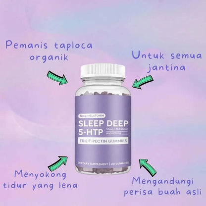 Bottle of Sleep Deep 5-HTP gummies with grape flavor, promoting restful sleep and containing organic sweeteners.