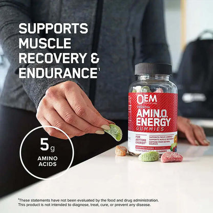 Person holding amino acid energy gummies, promoting muscle recovery and endurance with 5g of amino acids per serving.