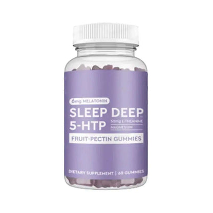 Sleep Deep Melatonin Gummies in a bottle, 60 fruit-pectin gummies for restful sleep, enriched with 5-HTP and magnesium.