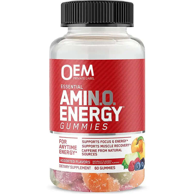 Essential amino energy gummies in a bottle with assorted flavors, supports focus and muscle recovery, 60 gummies per container.