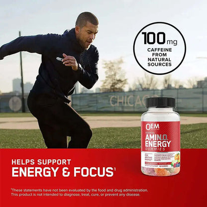 Amino Acid Gummies bottle in front of an athlete, highlighting energy and focus support with natural caffeine.